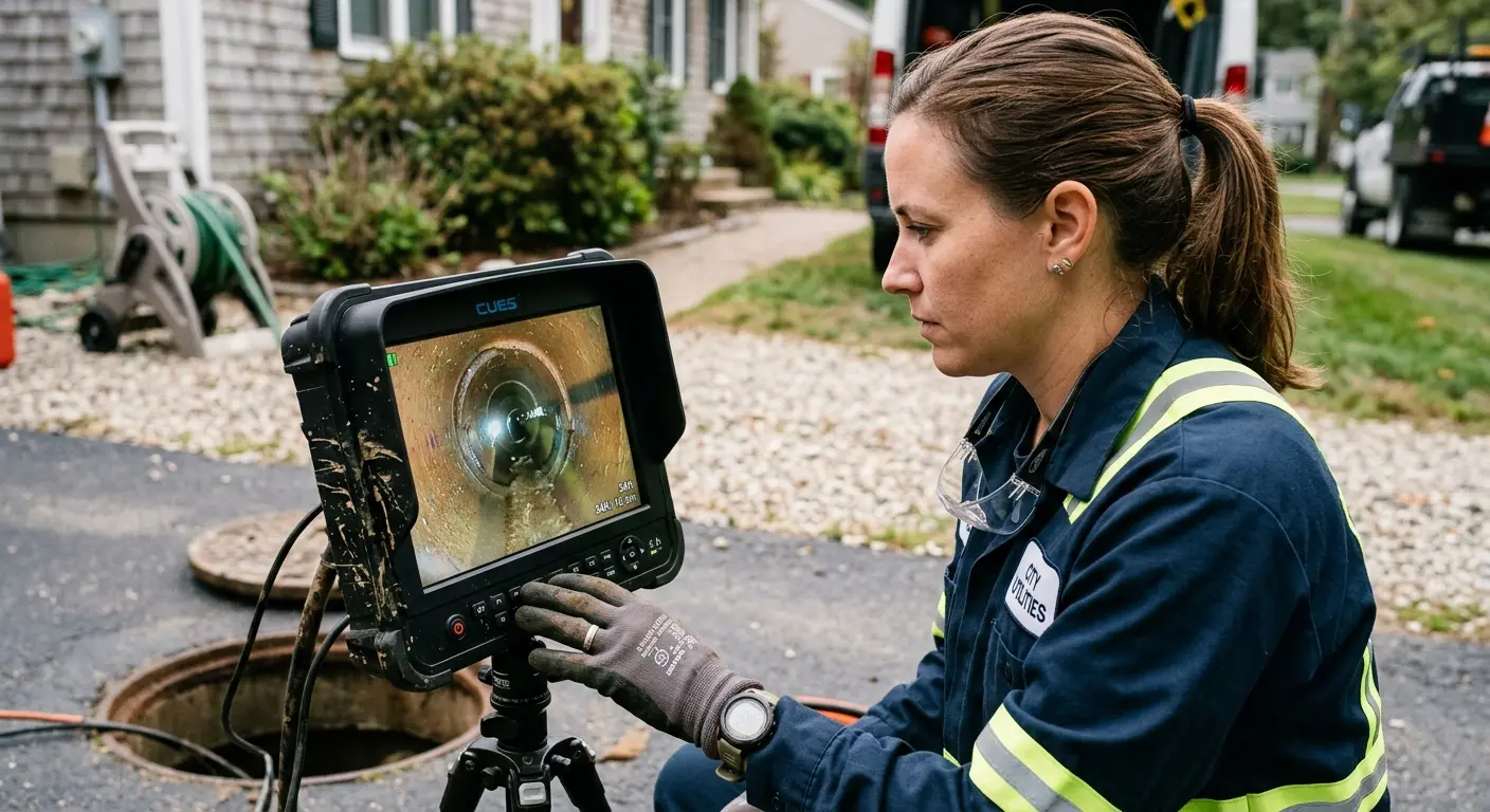 Technician reviewing sewer camera inspection footage in Wake Forest