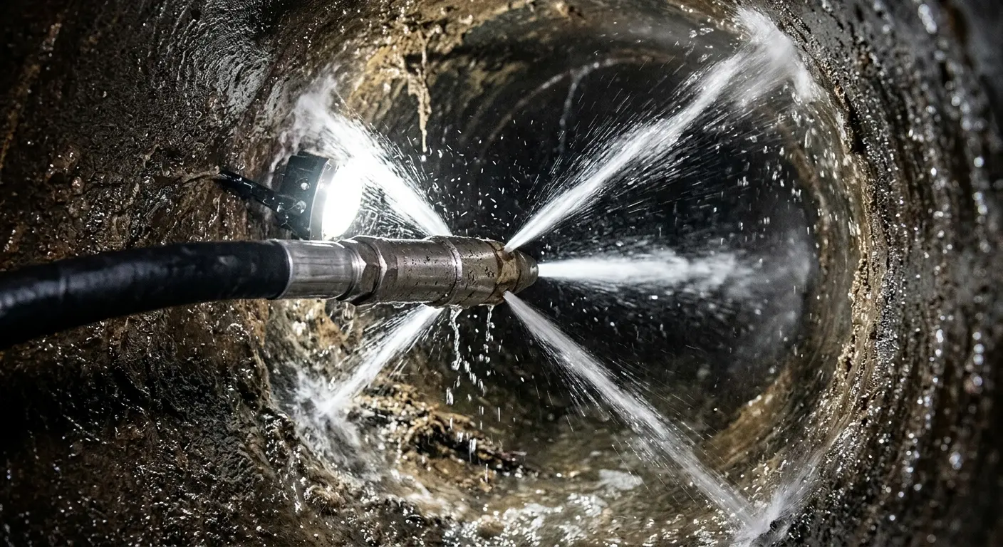 High-pressure hydro jetting nozzle cleaning sewer pipe for Trenchless Sewer Repair in Wake Forest