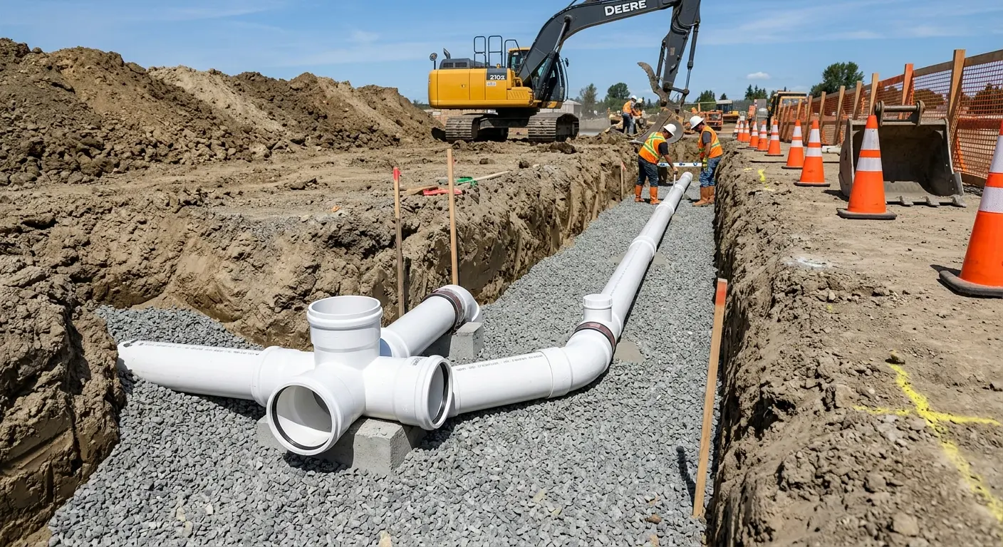 New PVC sewer pipe installation in open trench for Commercial Drain Cleaning in Wake Forest