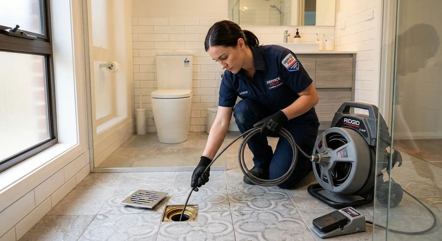 Technician clearing a bathroom floor drain for Clogged Drain Repair in Wake Forest